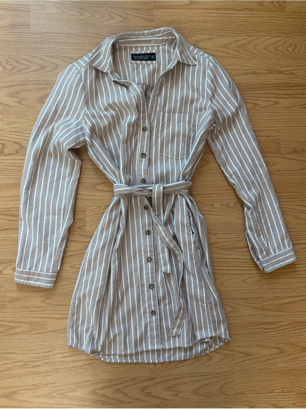 Abercrombie & Fitch Soft A&F Flannel Tan White Striped Long-Sleeve Dress XSP